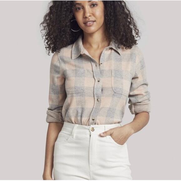 Faherty Gorpcore Legend Sweater Shirt Pink Gray Women’s Size Large Buffalo Plaid - Picture 1 of 7
